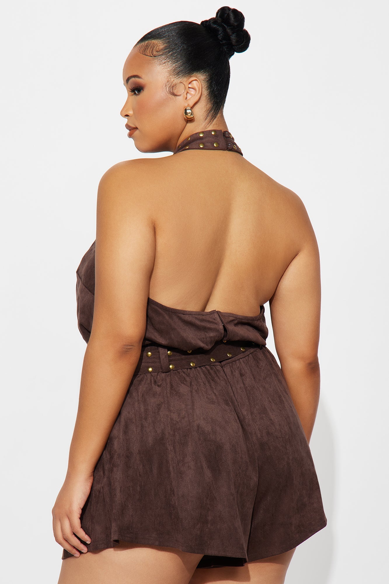 Johanna Faux Suede Studded Romper - Brown