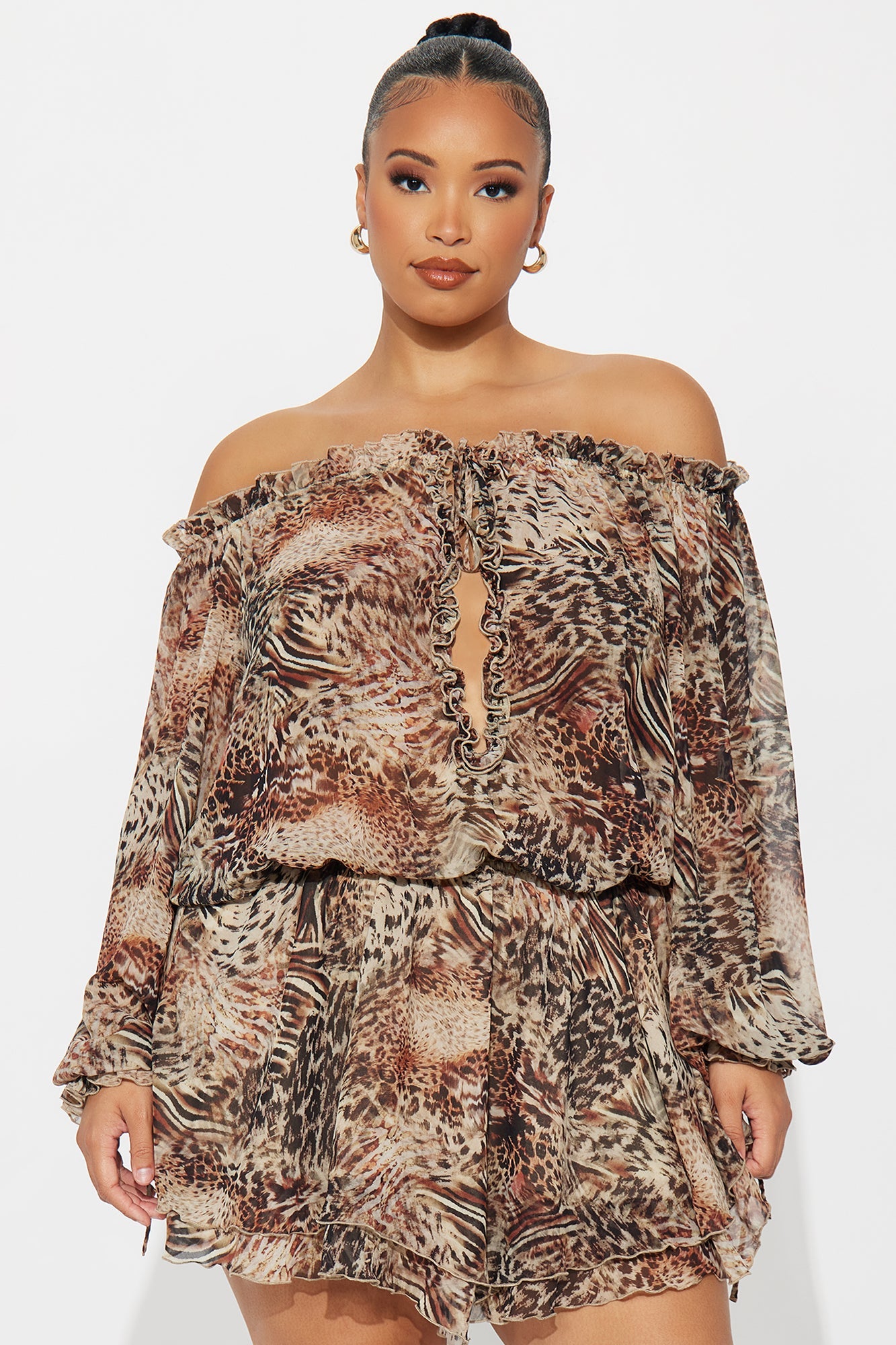 Miami Beach Off Shoulder Chiffon Mini Dress - Brown Combo