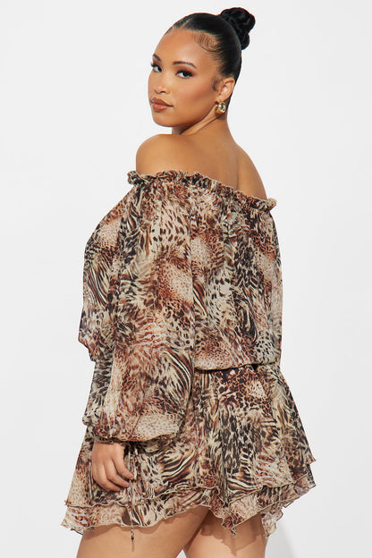Miami Beach Off Shoulder Chiffon Mini Dress - Brown Combo