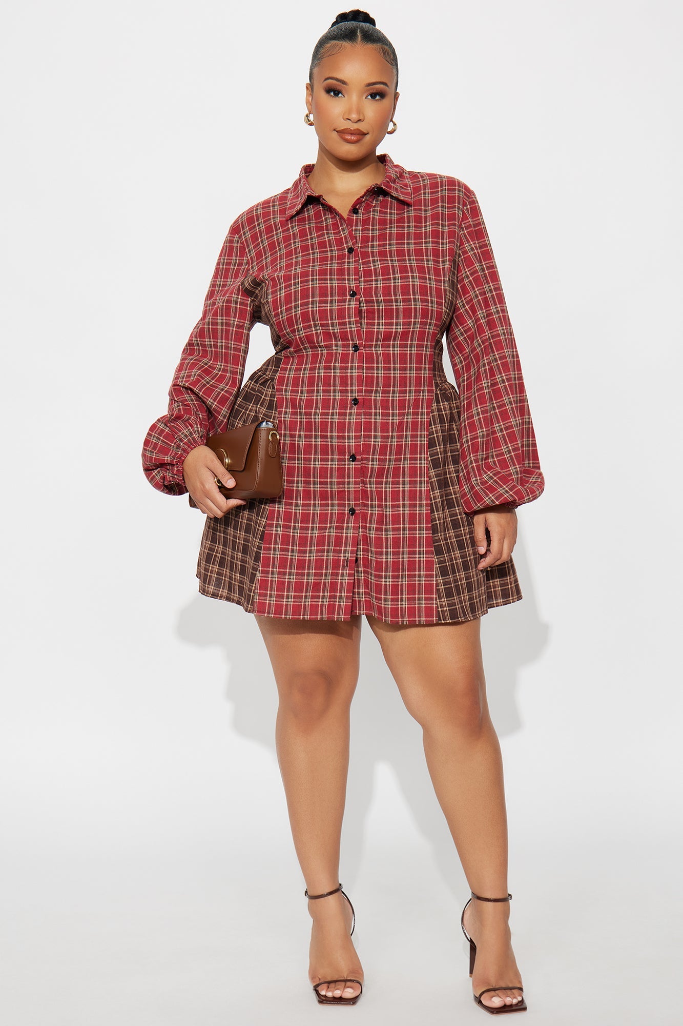 Payton Button Up Flannel Mini Dress - Red/combo
