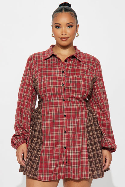 Payton Button Up Flannel Mini Dress - Red/combo