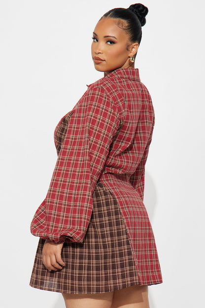 Payton Button Up Flannel Mini Dress - Red/combo
