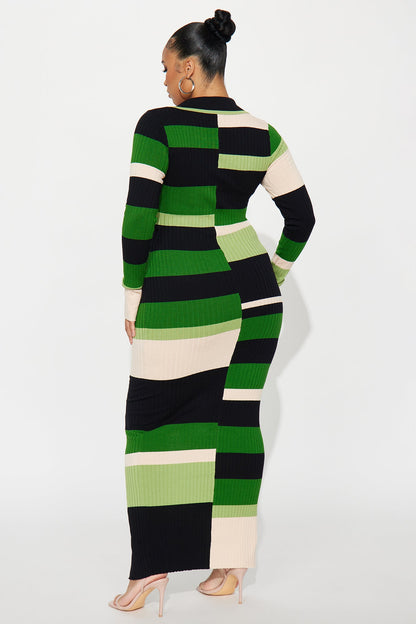 Carolina Collared Long Sleeve Sweater Maxi Dress - Green/combo