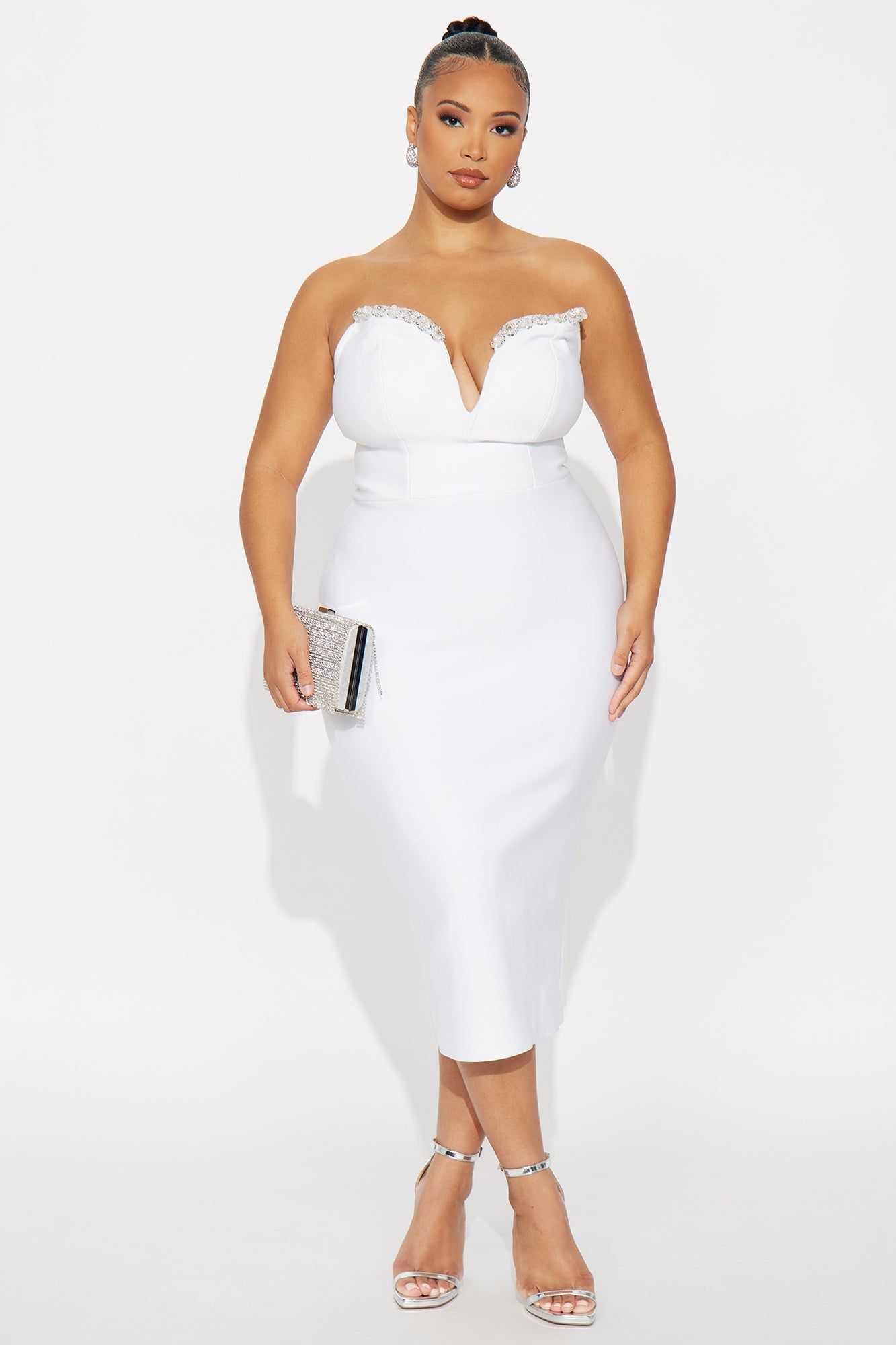 Best Dressed Rhinestone Bandage Midi Dress - White