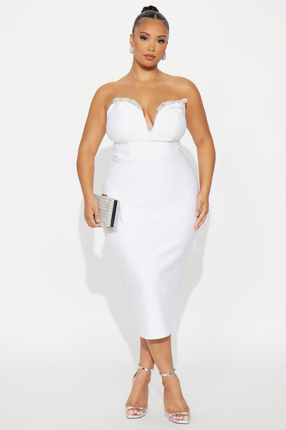 Best Dressed Rhinestone Bandage Midi Dress - White