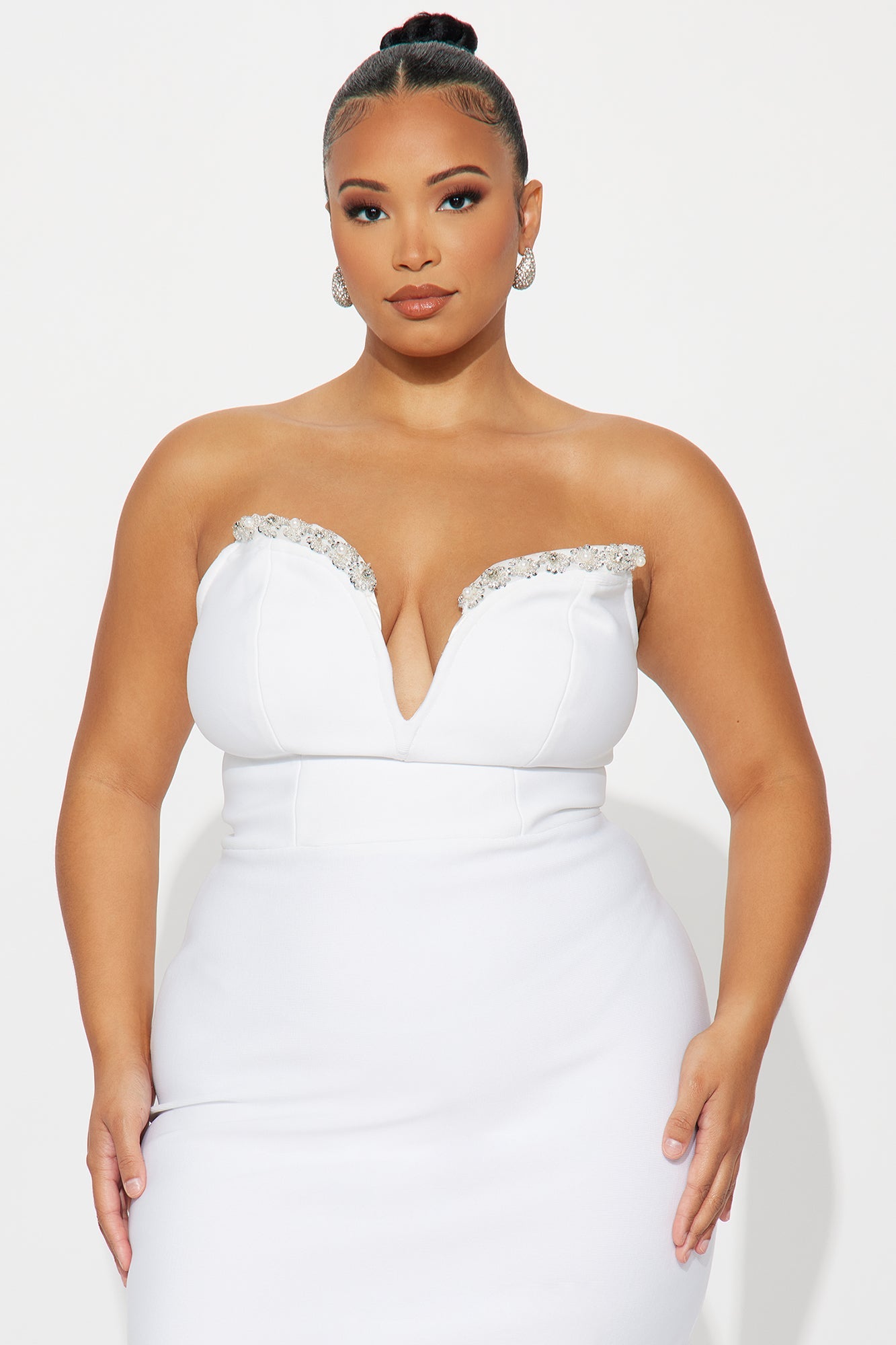 Best Dressed Rhinestone Bandage Midi Dress - White