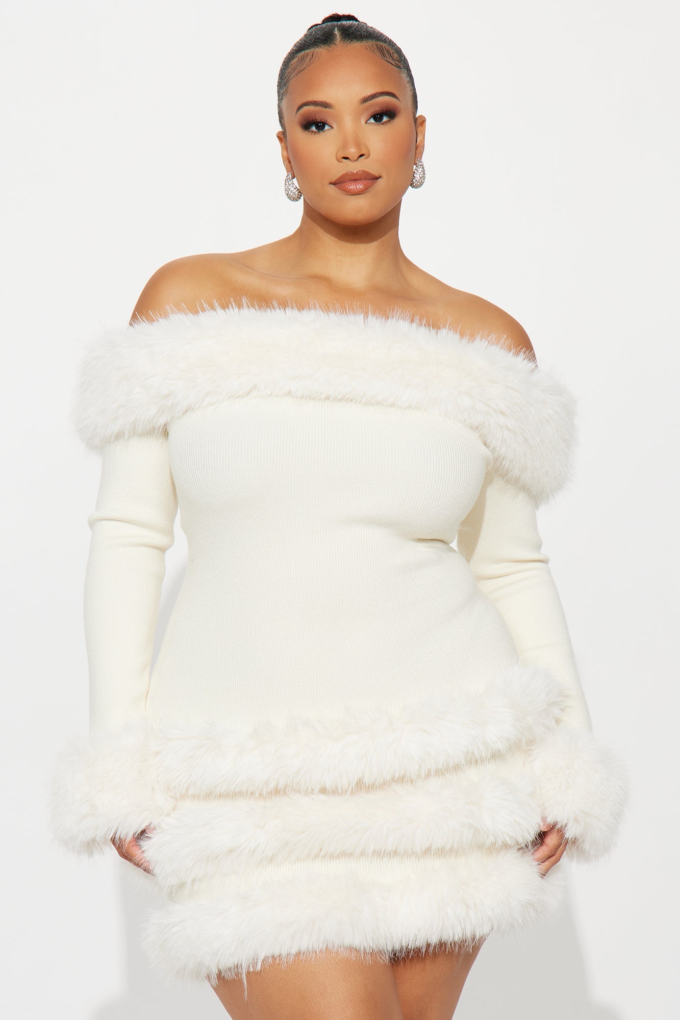Cozy Feeling Fur Trim Mini Dress - Cream