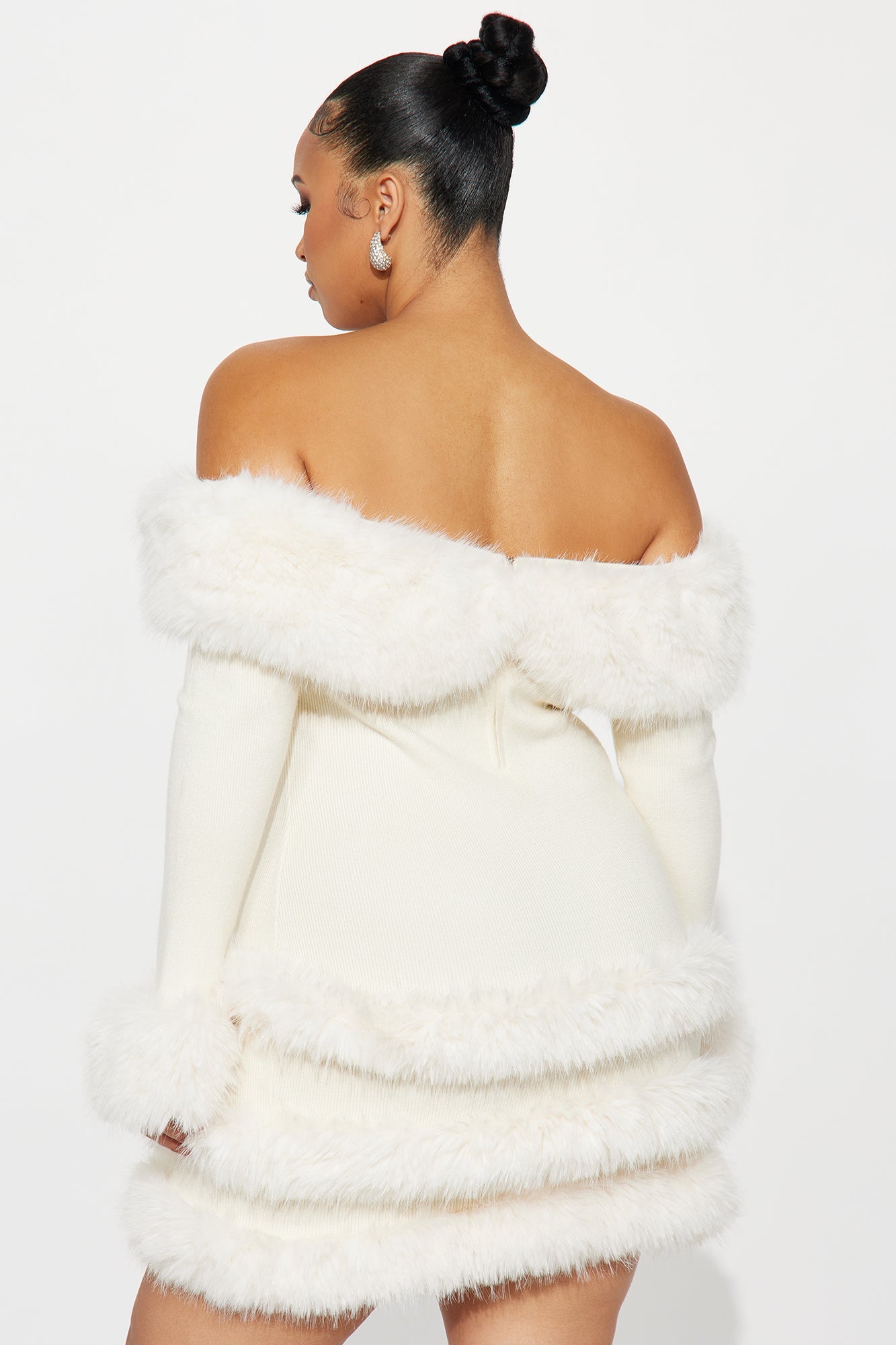 Cozy Feeling Fur Trim Mini Dress - Cream