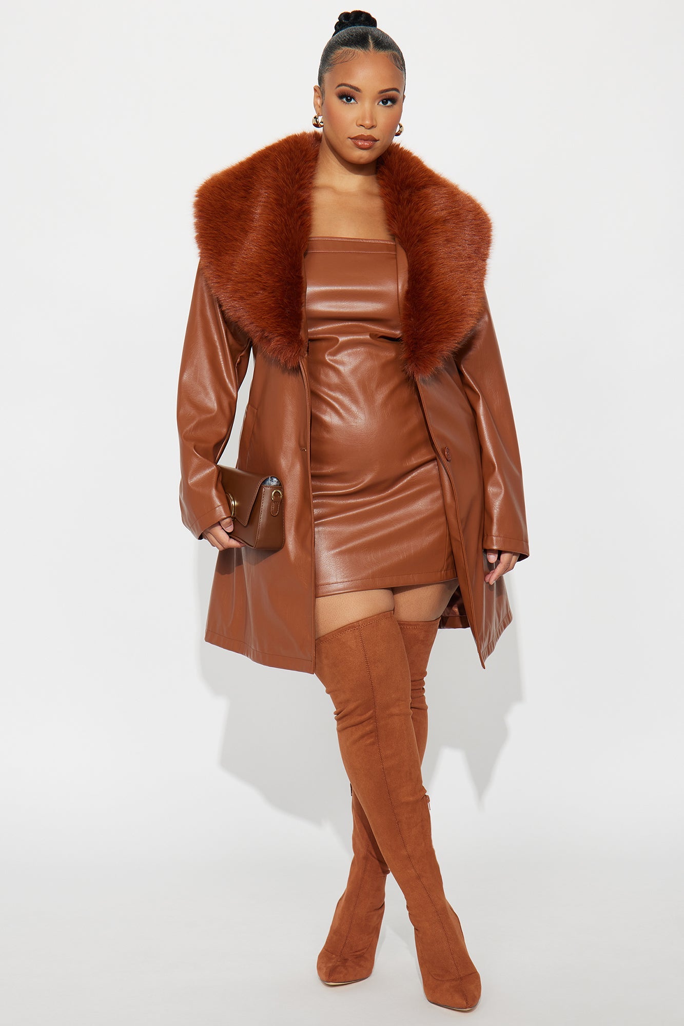 Boss Babe Faux Leather Mini Dress Set - Cognac