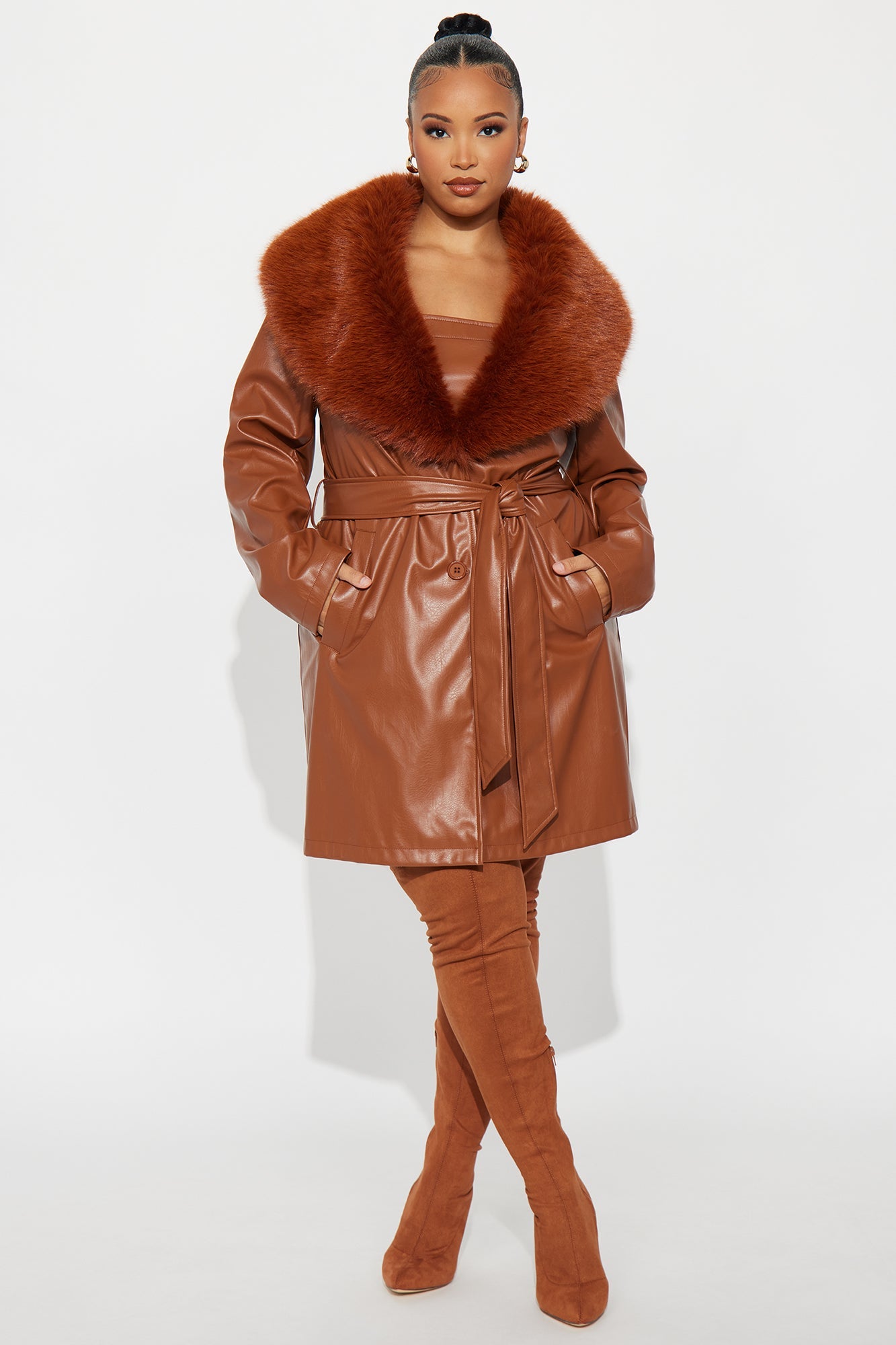 Boss Babe Faux Leather Mini Dress Set - Cognac