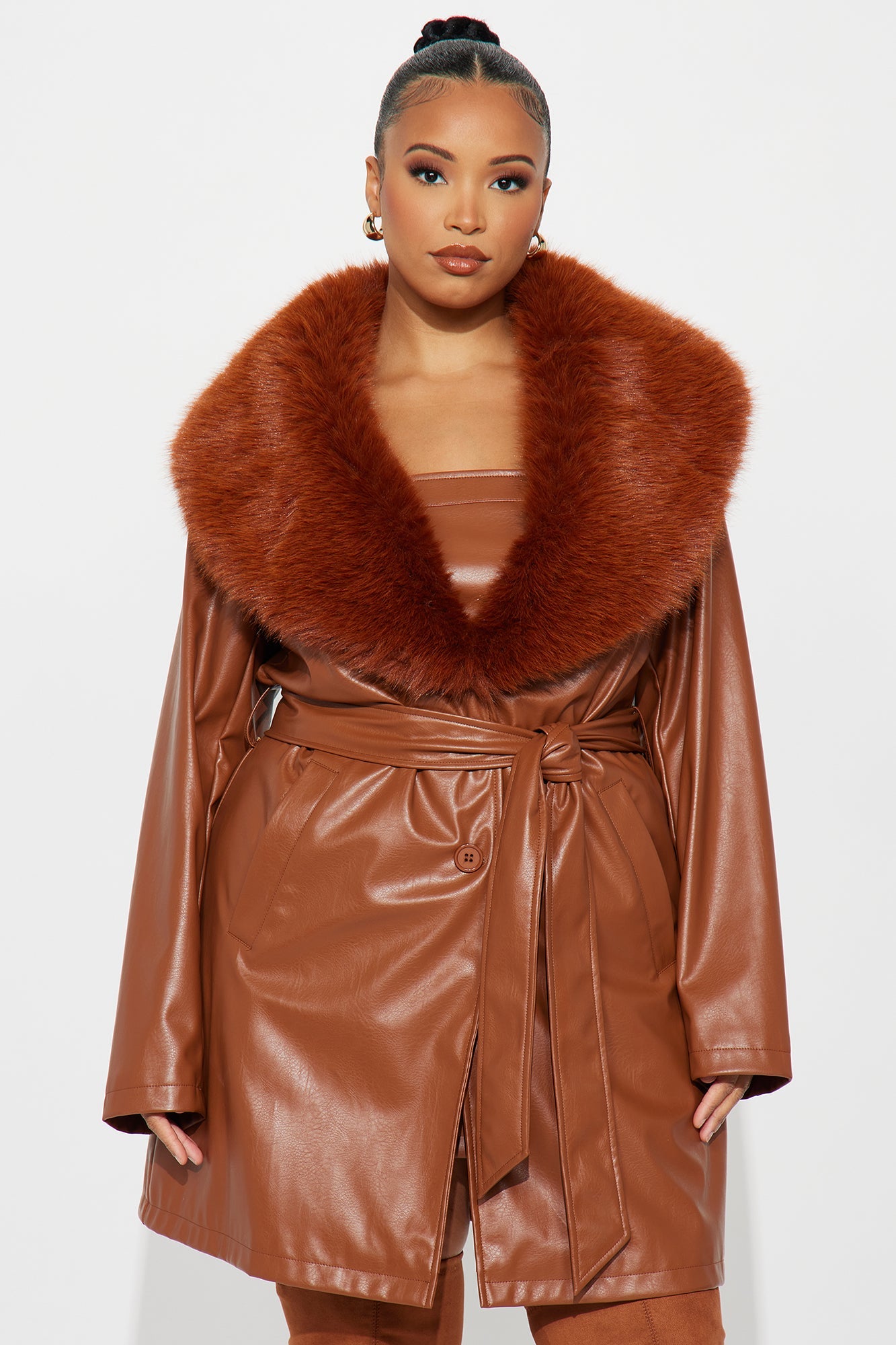 Boss Babe Faux Leather Mini Dress Set - Cognac