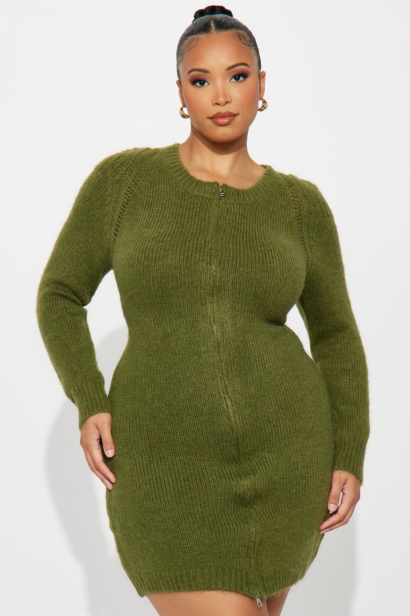 Zakia Zip Front Sweater Mini Dress - Olive