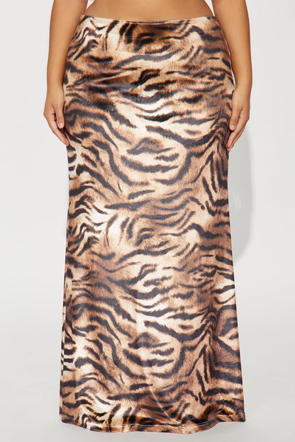 Put You On Tiger Velvet Maxi Skirt - Brown/combo