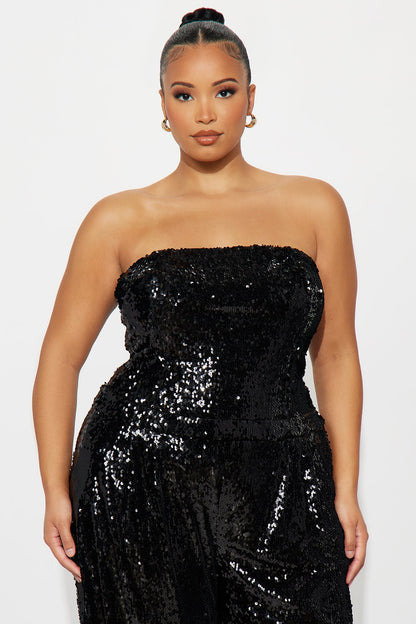 Lulu Sequin Strapless Wide Leg Jumpsuit - Black