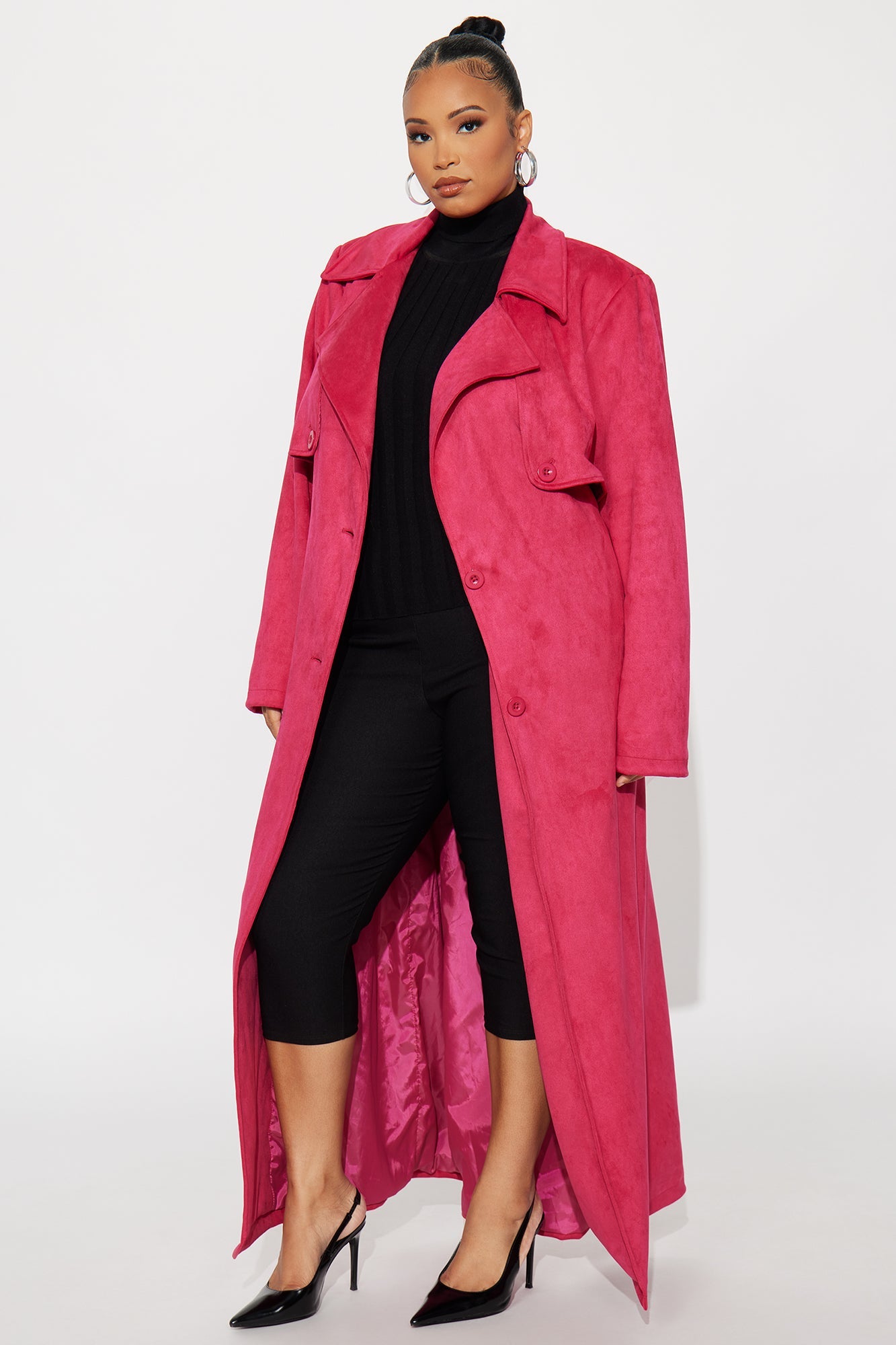 Topic of Conversation Faux Suede Trench Coat - Fuchsia