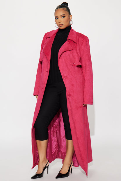 Topic of Conversation Faux Suede Trench Coat - Fuchsia