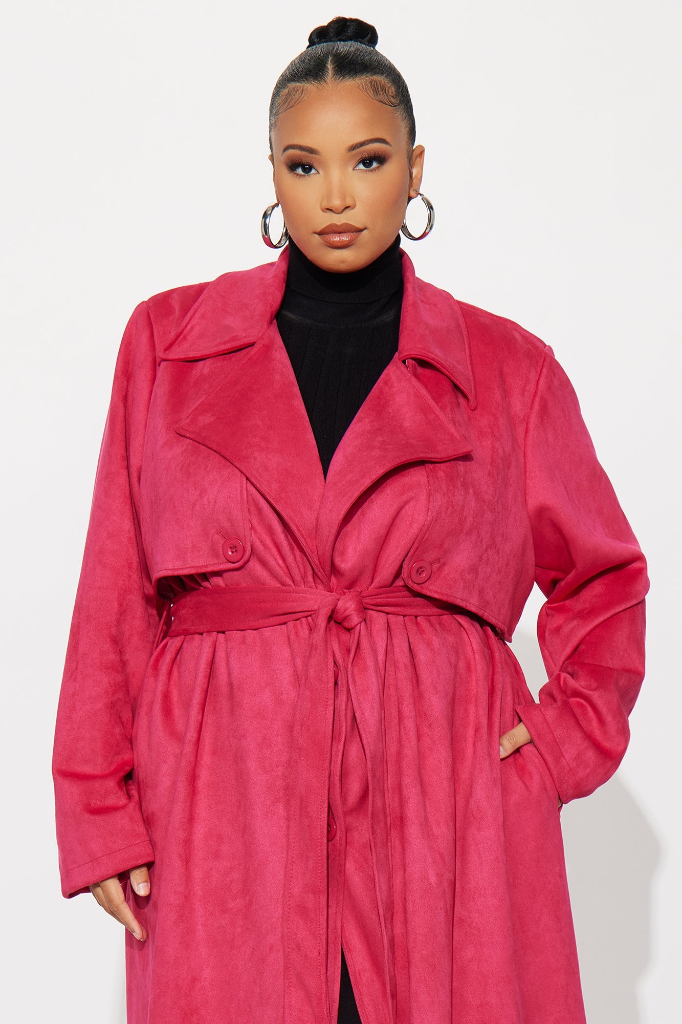 Topic of Conversation Faux Suede Trench Coat - Fuchsia