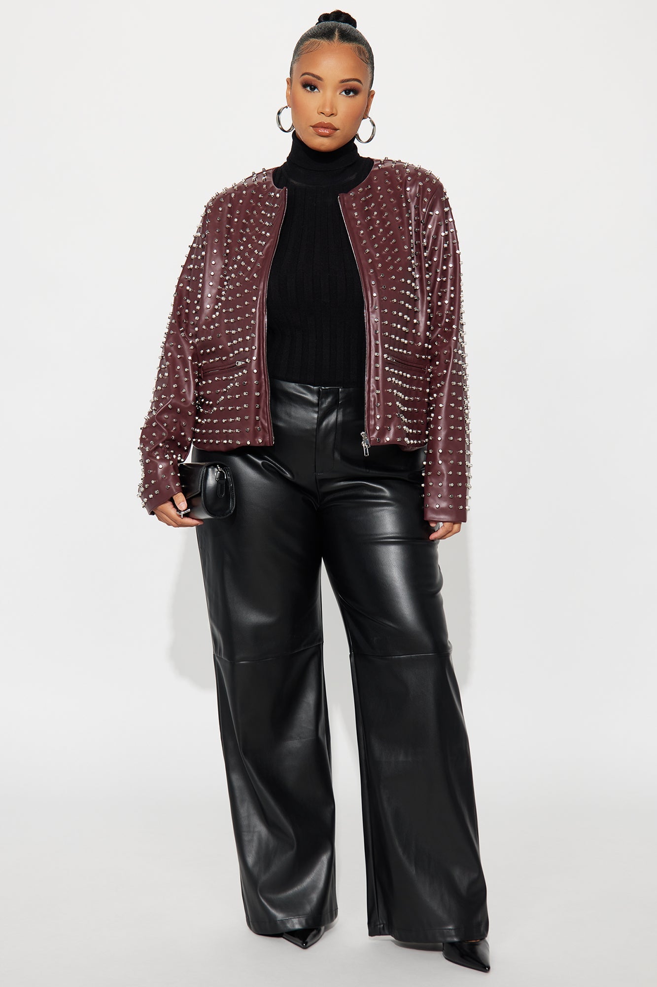 Run This Town Studded Faux Leather Jacket - Wine