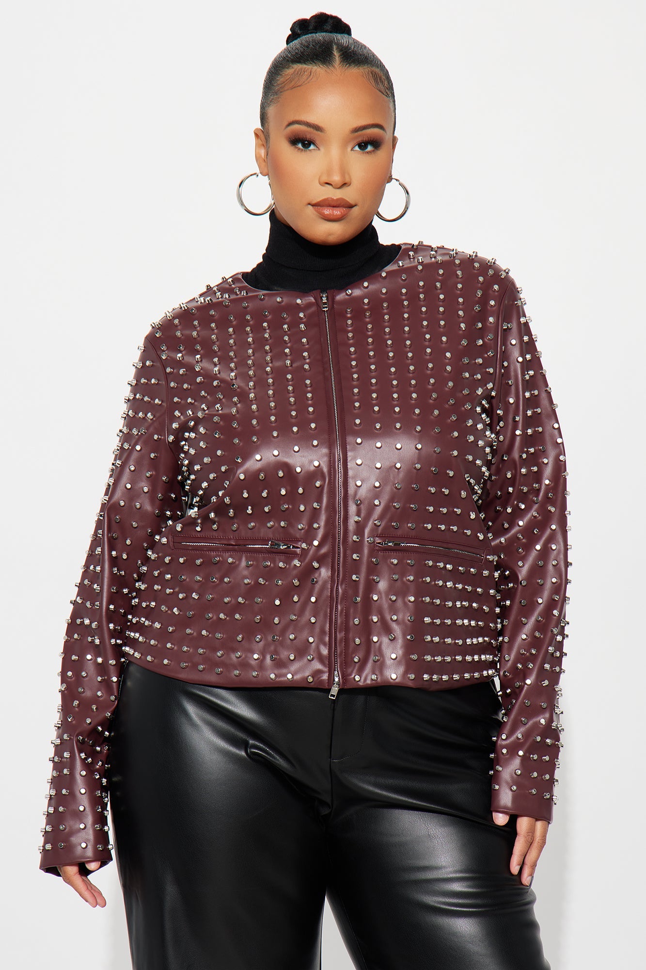 Run This Town Studded Faux Leather Jacket - Wine