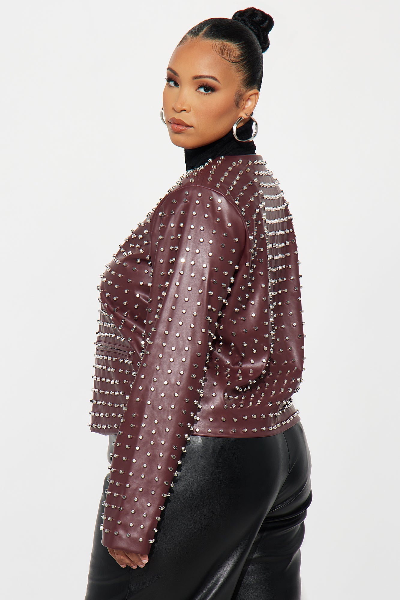 Run This Town Studded Faux Leather Jacket - Wine