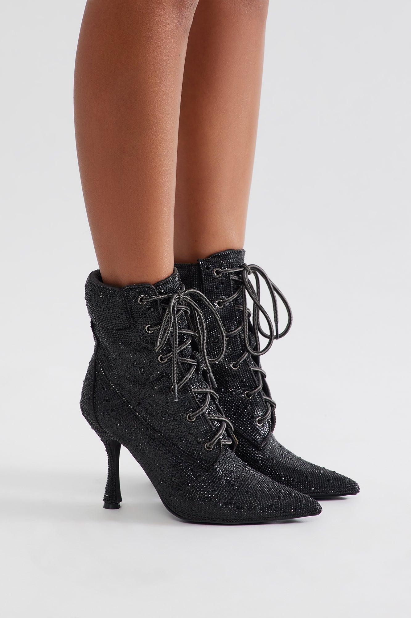 Harlan Rhinestone Lace Up Booties - Black