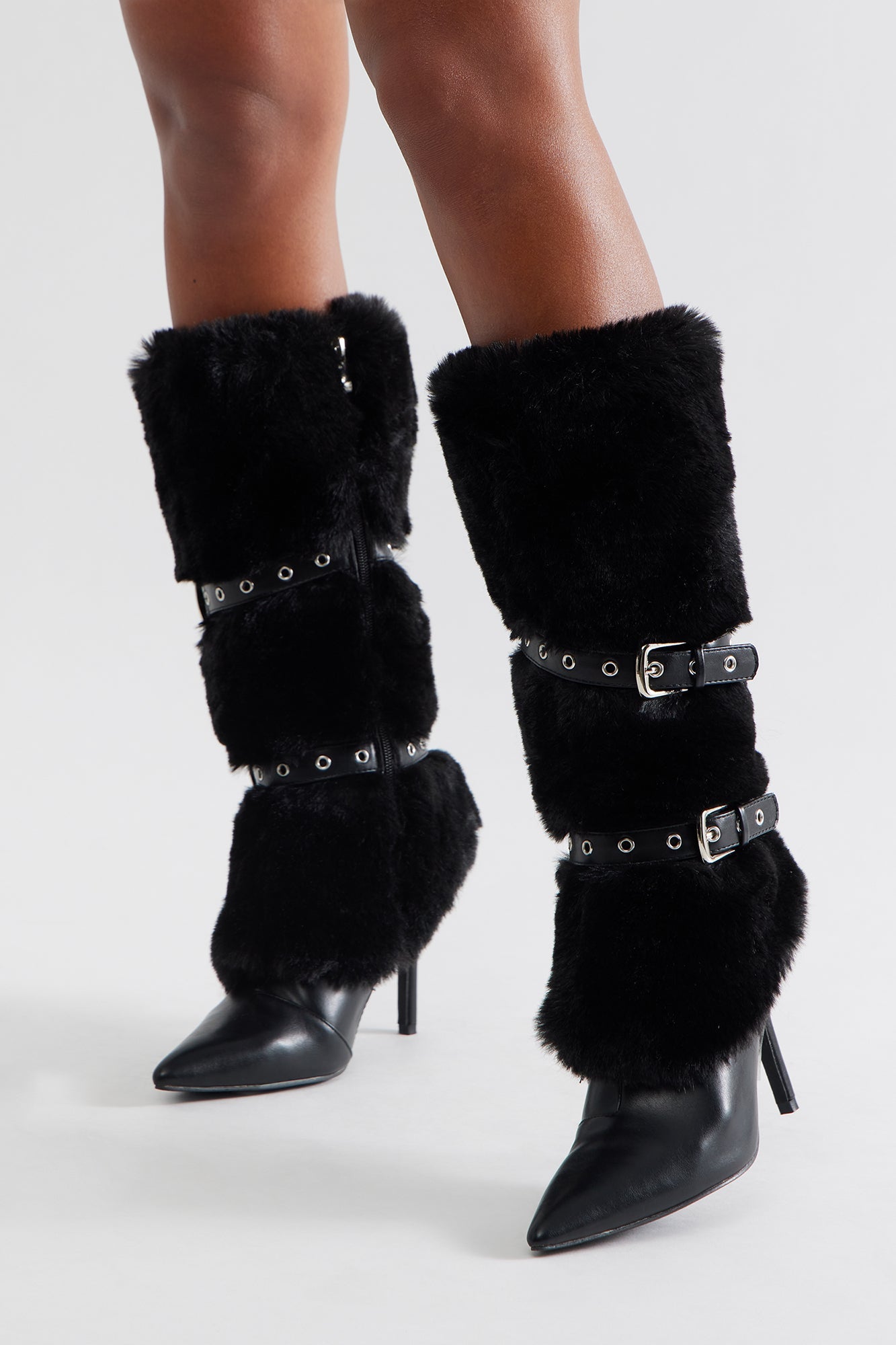 Whittier Buckle Faux Fur Boots - Black
