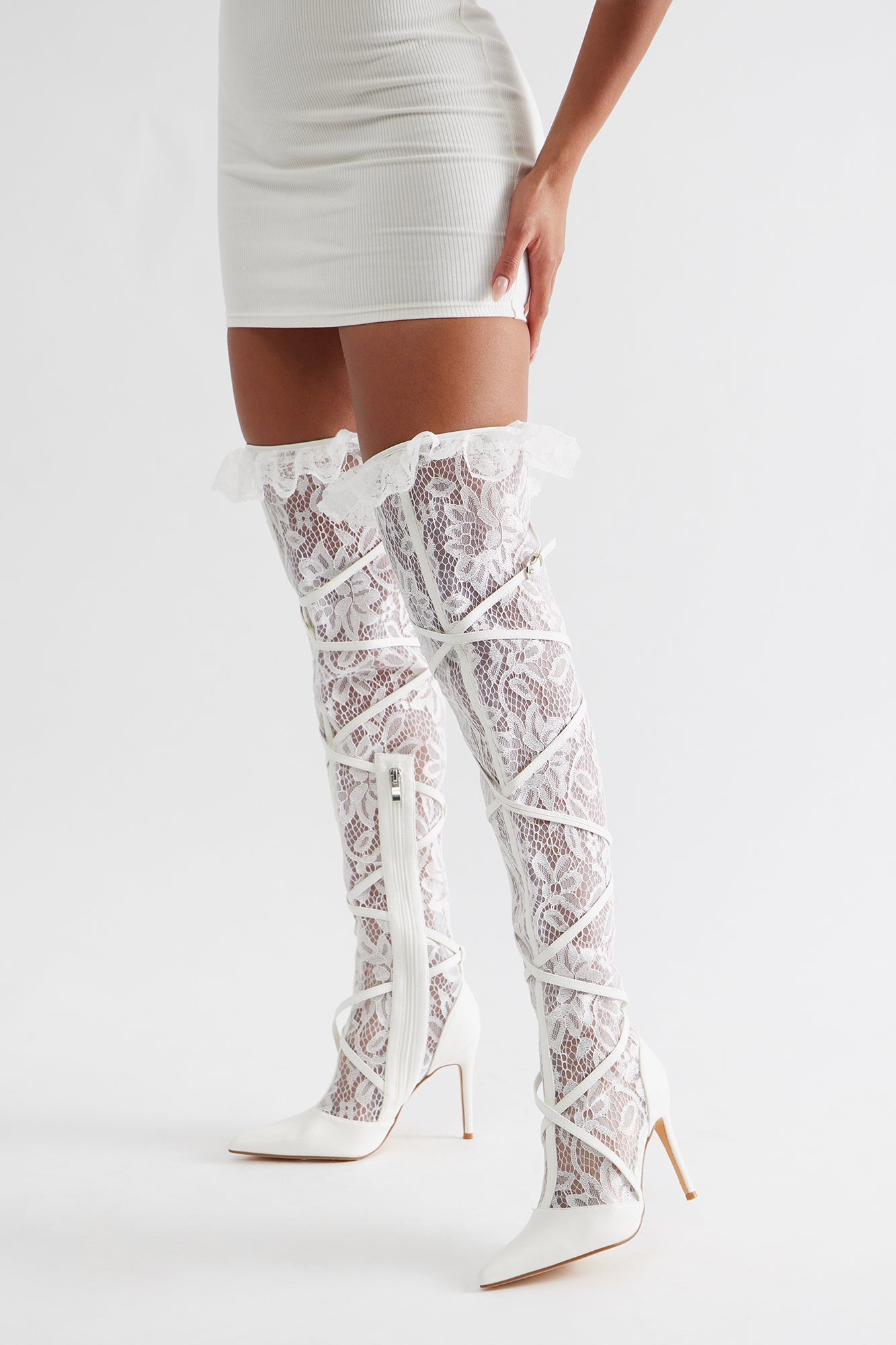 Presley Lace Thigh High Boots - White