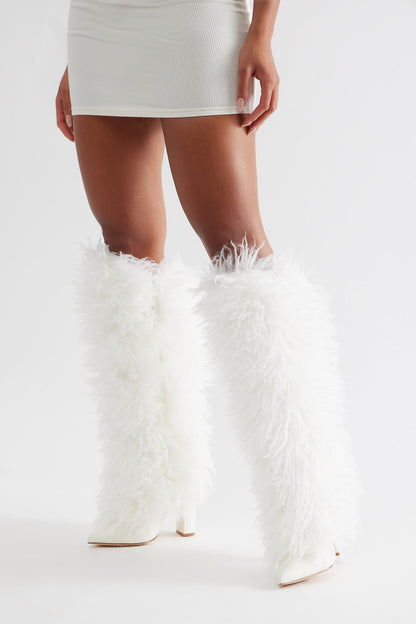 SoHo Faux Fur Overlay Boots - White
