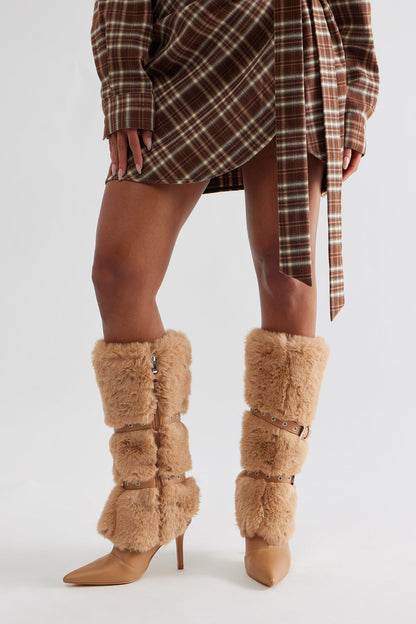 Whittier Buckle Faux Fur Boots - Taupe