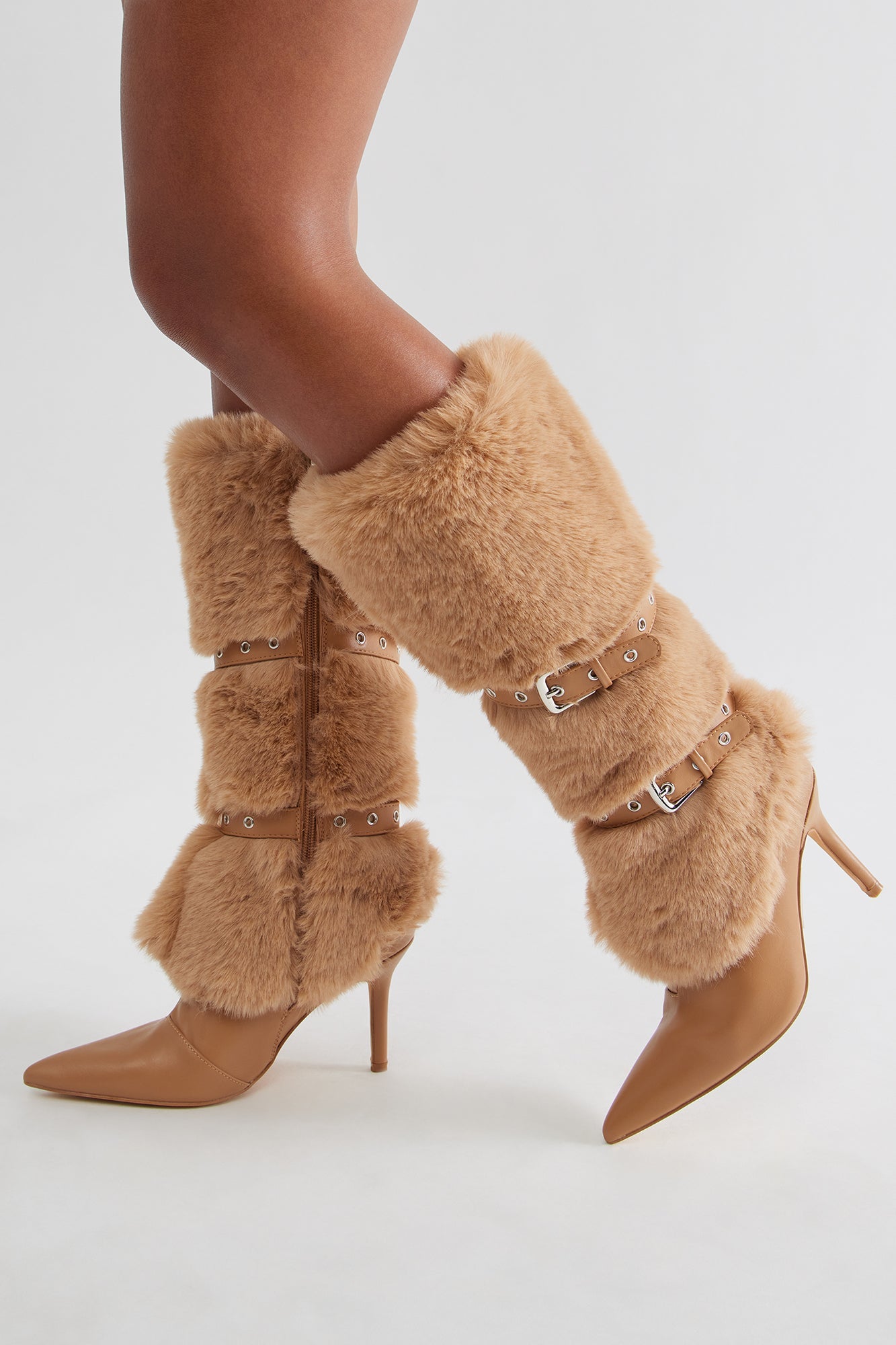 Whittier Buckle Faux Fur Boots - Taupe