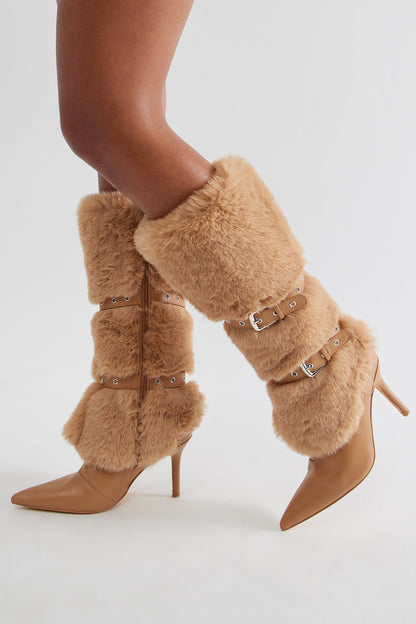 Whittier Buckle Faux Fur Boots - Taupe