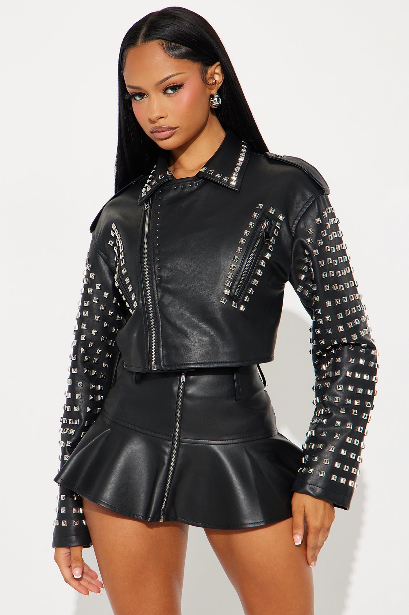 On Tour Studded Faux Leather Moto Jacket - Black
