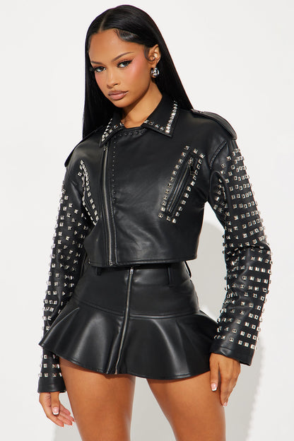 On Tour Studded Faux Leather Moto Jacket - Black