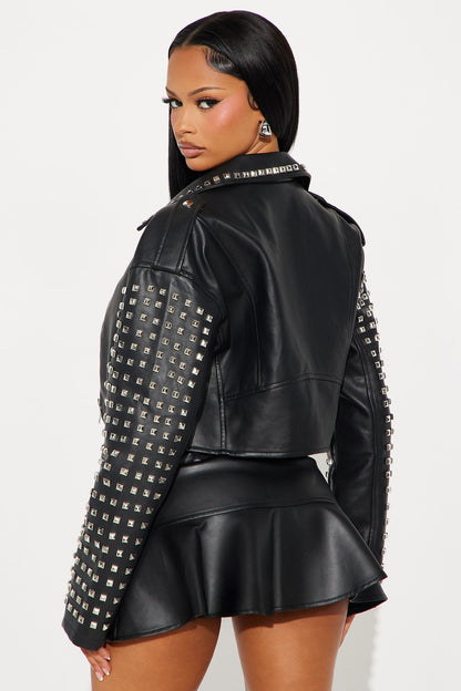 On Tour Studded Faux Leather Moto Jacket - Black