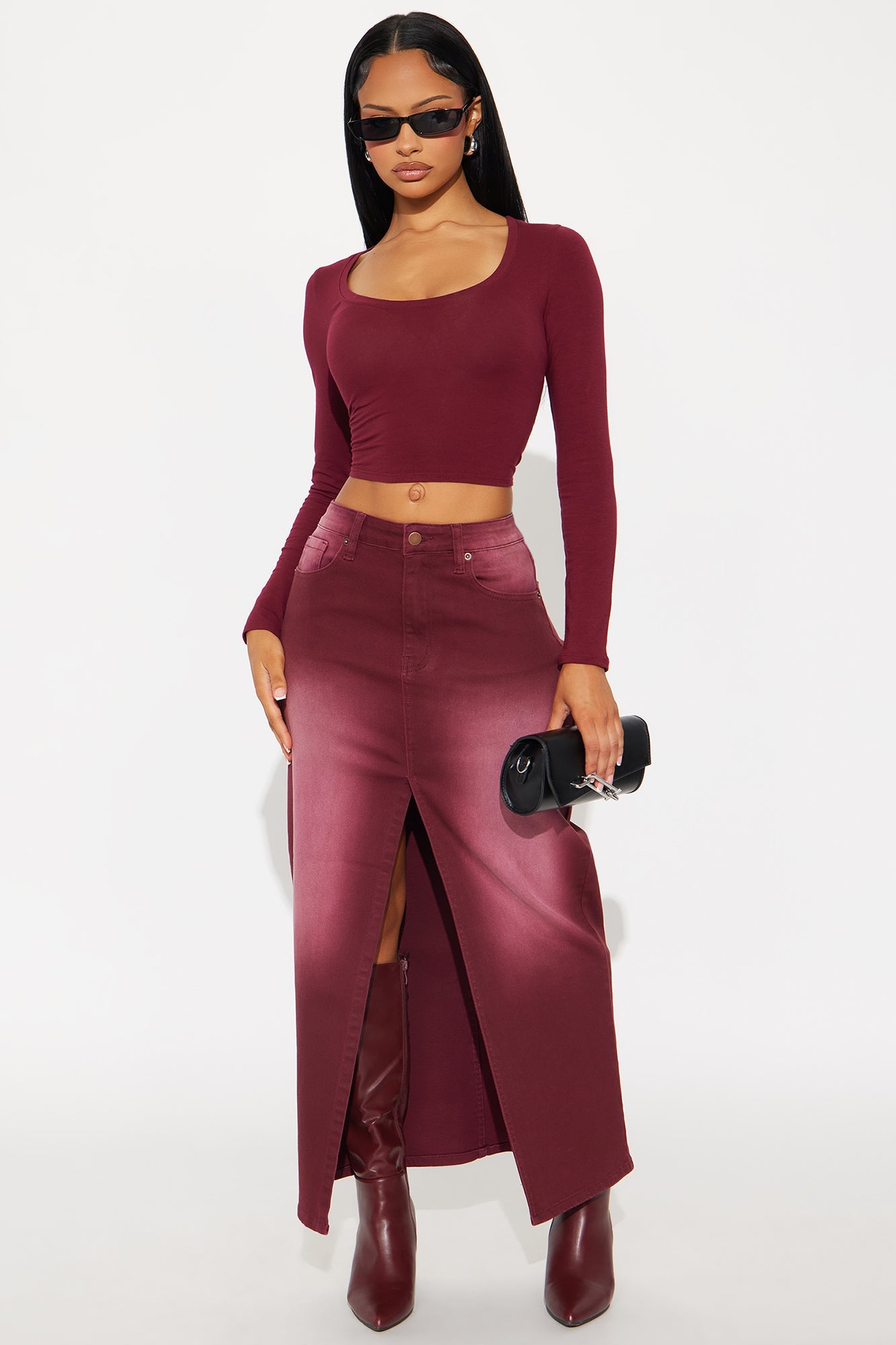 Nicole Burgundy Wash Denim Maxi Skirt - Burgundy