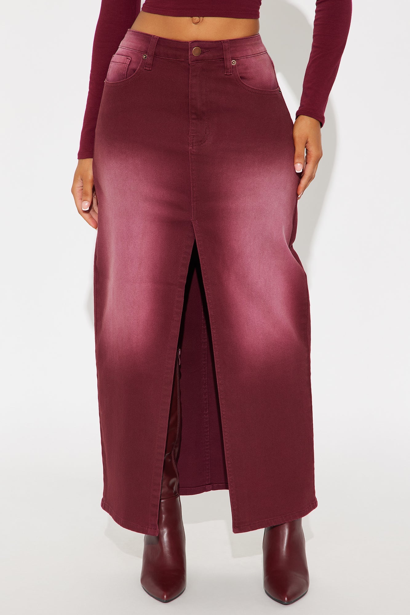 Nicole Burgundy Wash Denim Maxi Skirt - Burgundy