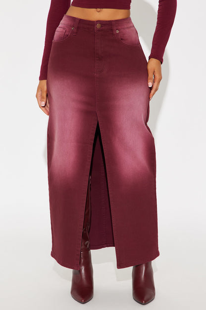 Nicole Burgundy Wash Denim Maxi Skirt - Burgundy