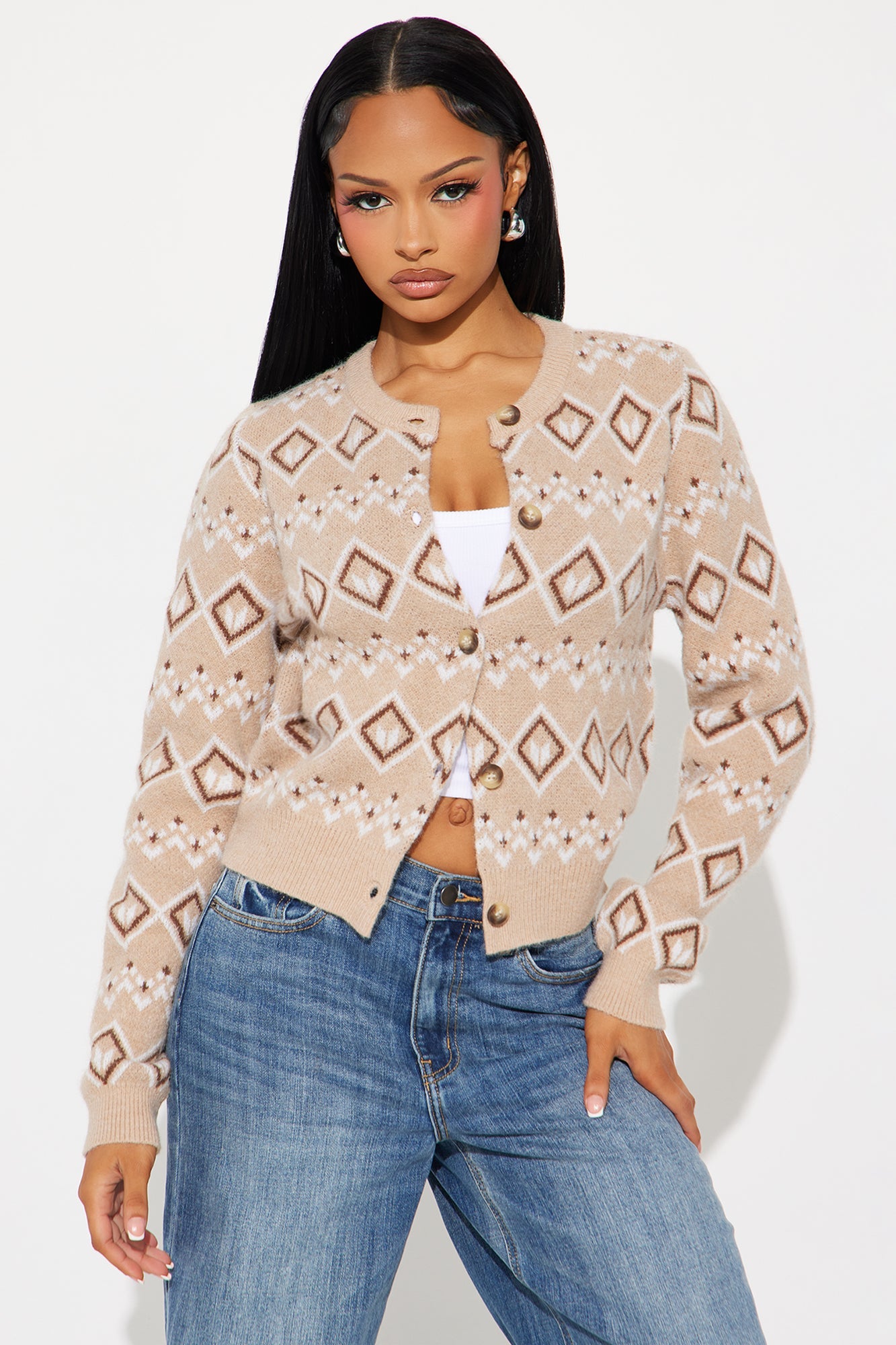 Penelope Fair Isle Cardigan - Taupe/combo