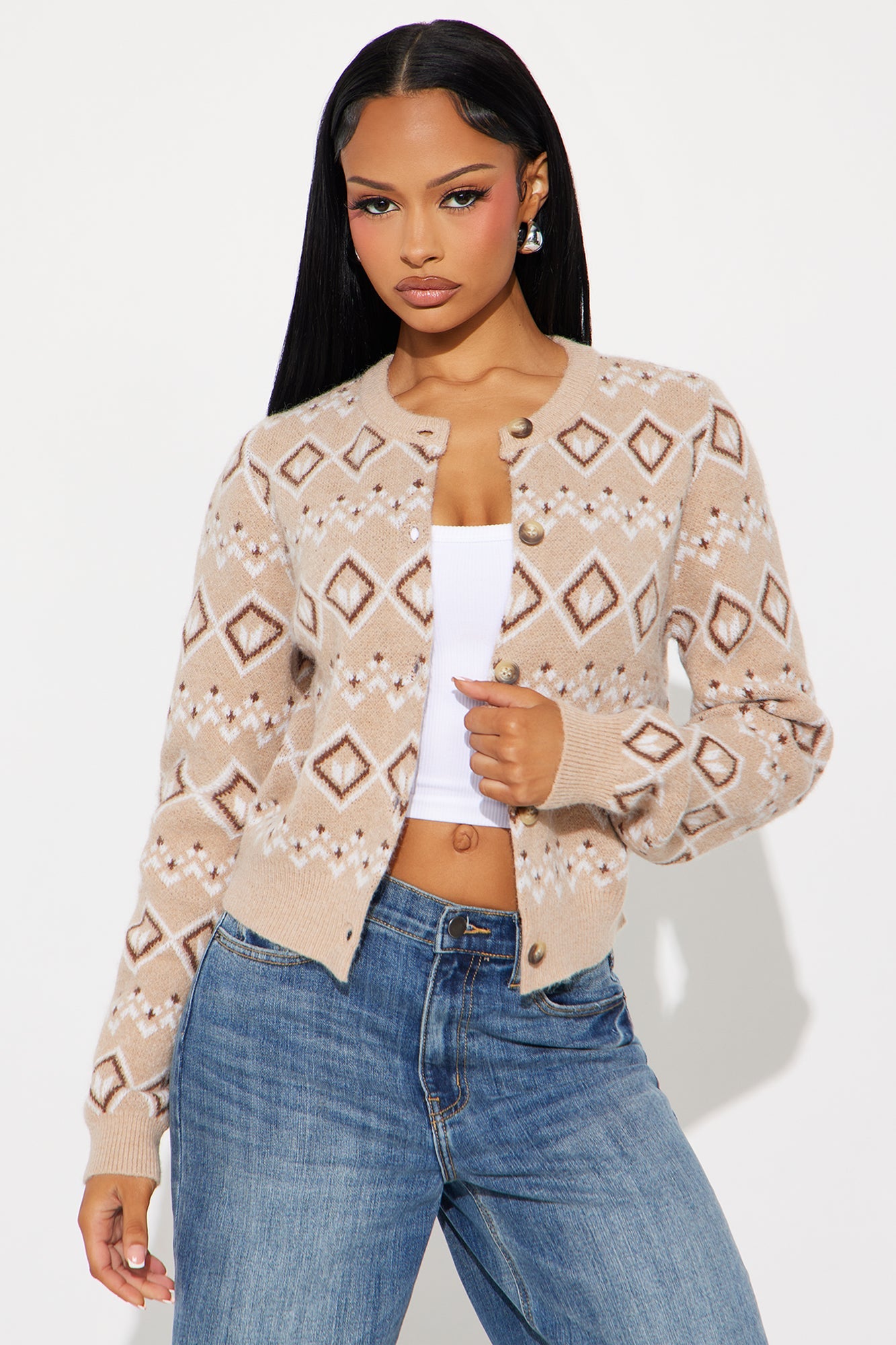Penelope Fair Isle Cardigan - Taupe/combo