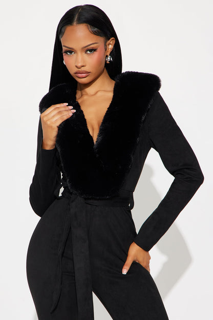 Hard To Handle Faux Suede Fur Trim Jumpsuit - Black