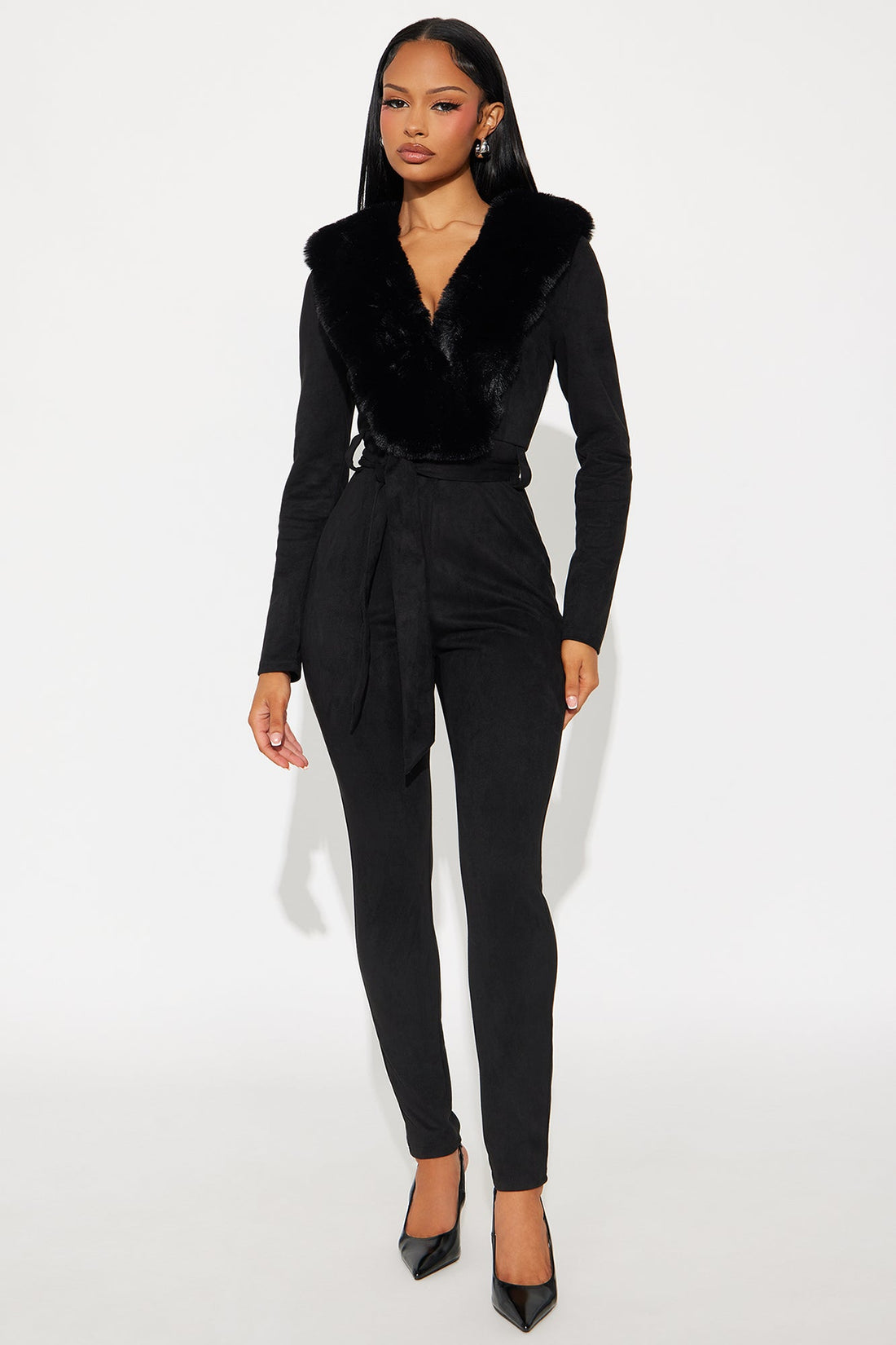 Hard To Handle Faux Suede Fur Trim Jumpsuit - Black