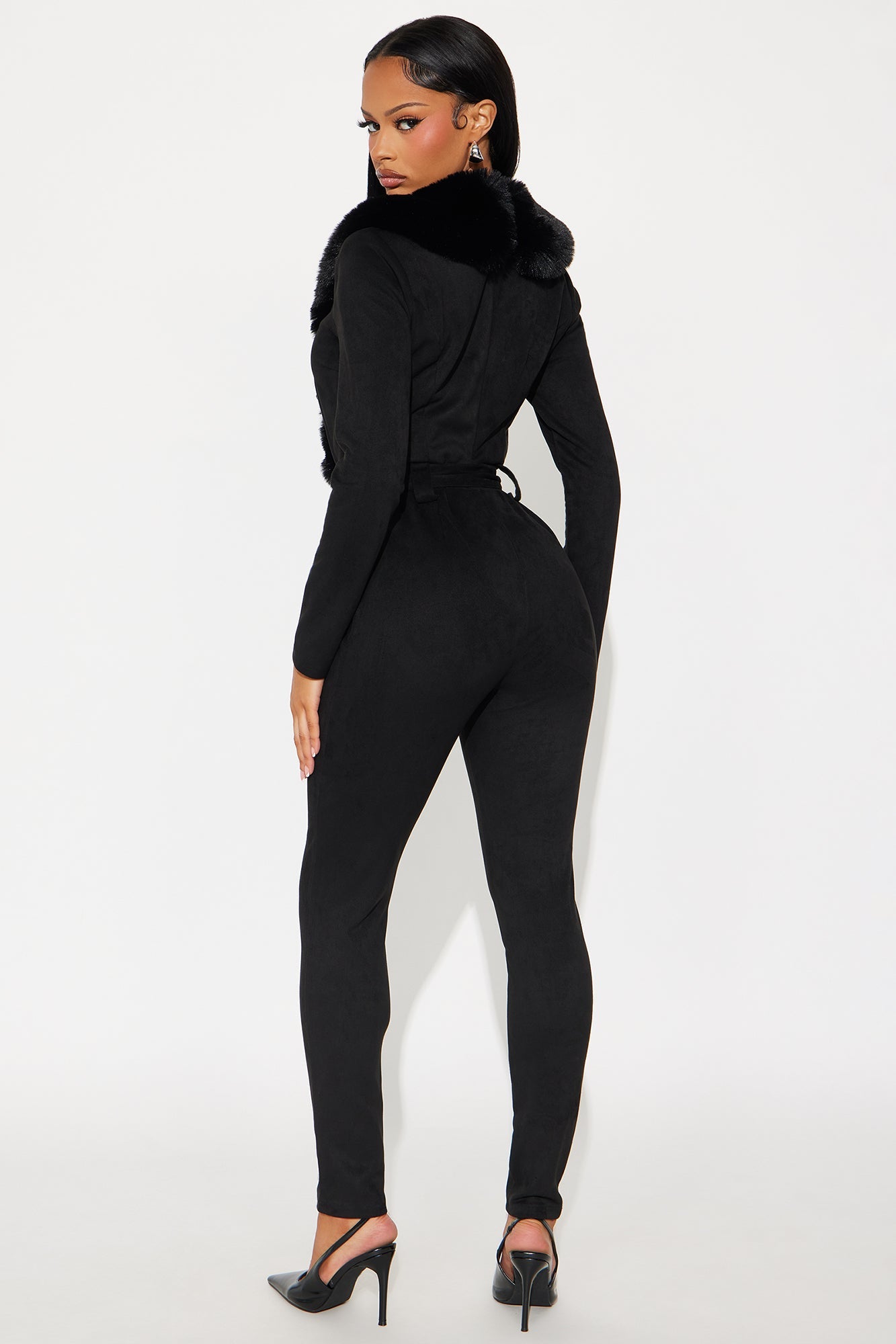 Hard To Handle Faux Suede Fur Trim Jumpsuit - Black