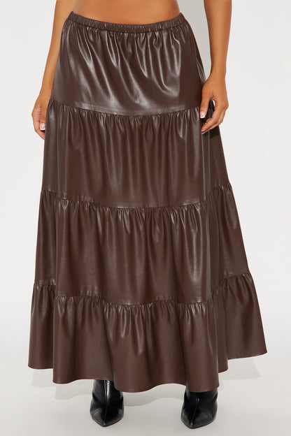 Demi Faux Leather Tiered Maxi Skirt - Chocolate