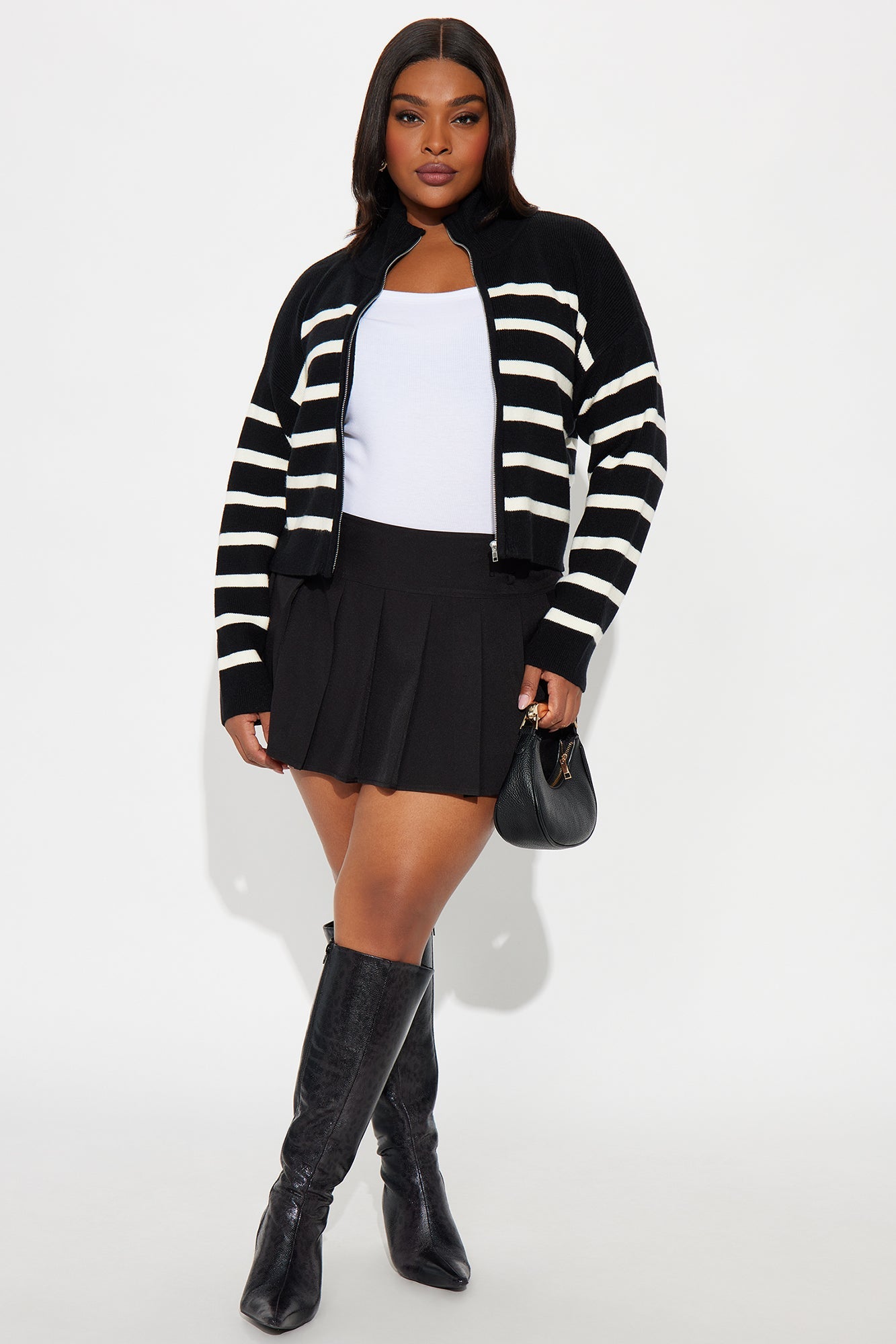 Amelia Front Zip Striped Cardigan - Black/combo