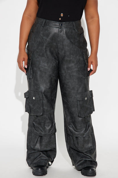 Weekend Warrior Washed Faux Leather Cargo Pant - Black Wash
