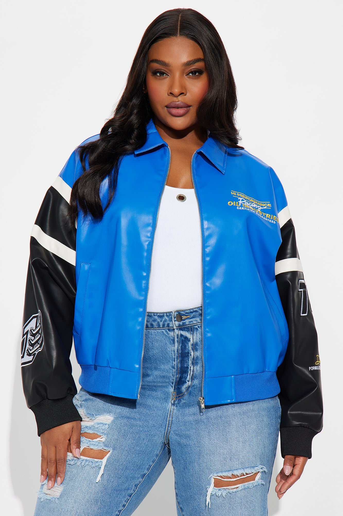 Take The Lead Faux Leather Bomber Jacket - Royal/combo