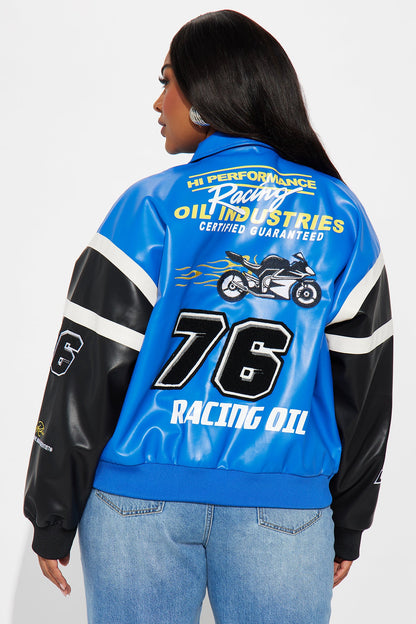 Take The Lead Faux Leather Bomber Jacket - Royal/combo