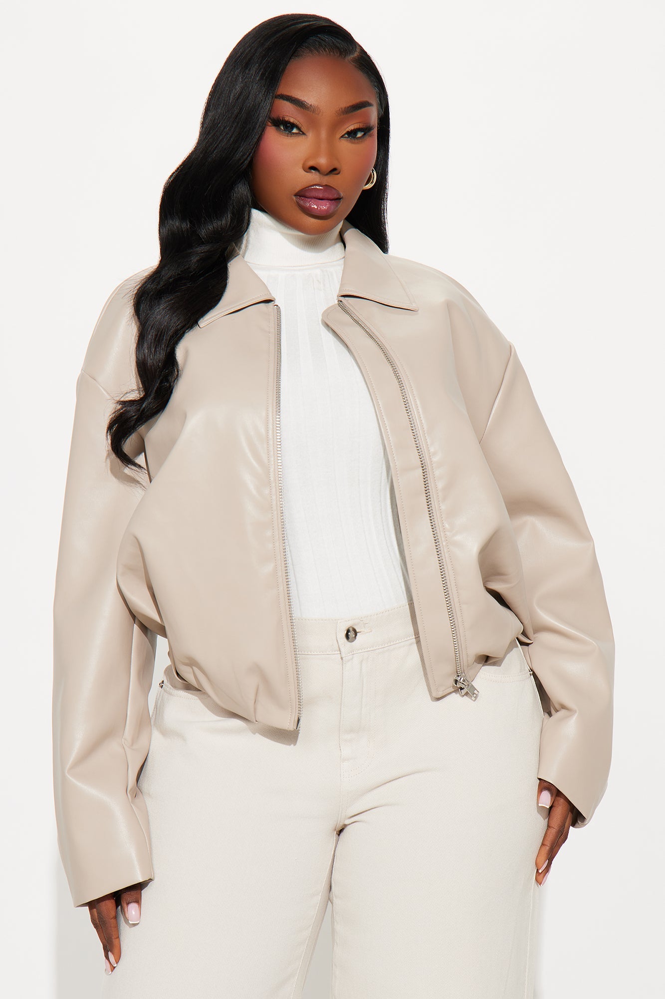 Iman It Girl Faux Leather Bomber Jacket - Taupe