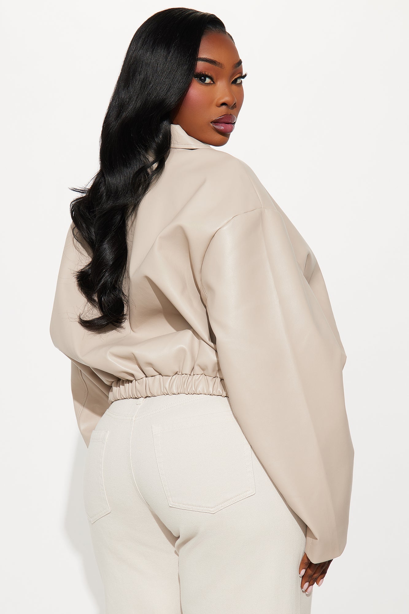 Iman It Girl Faux Leather Bomber Jacket - Taupe