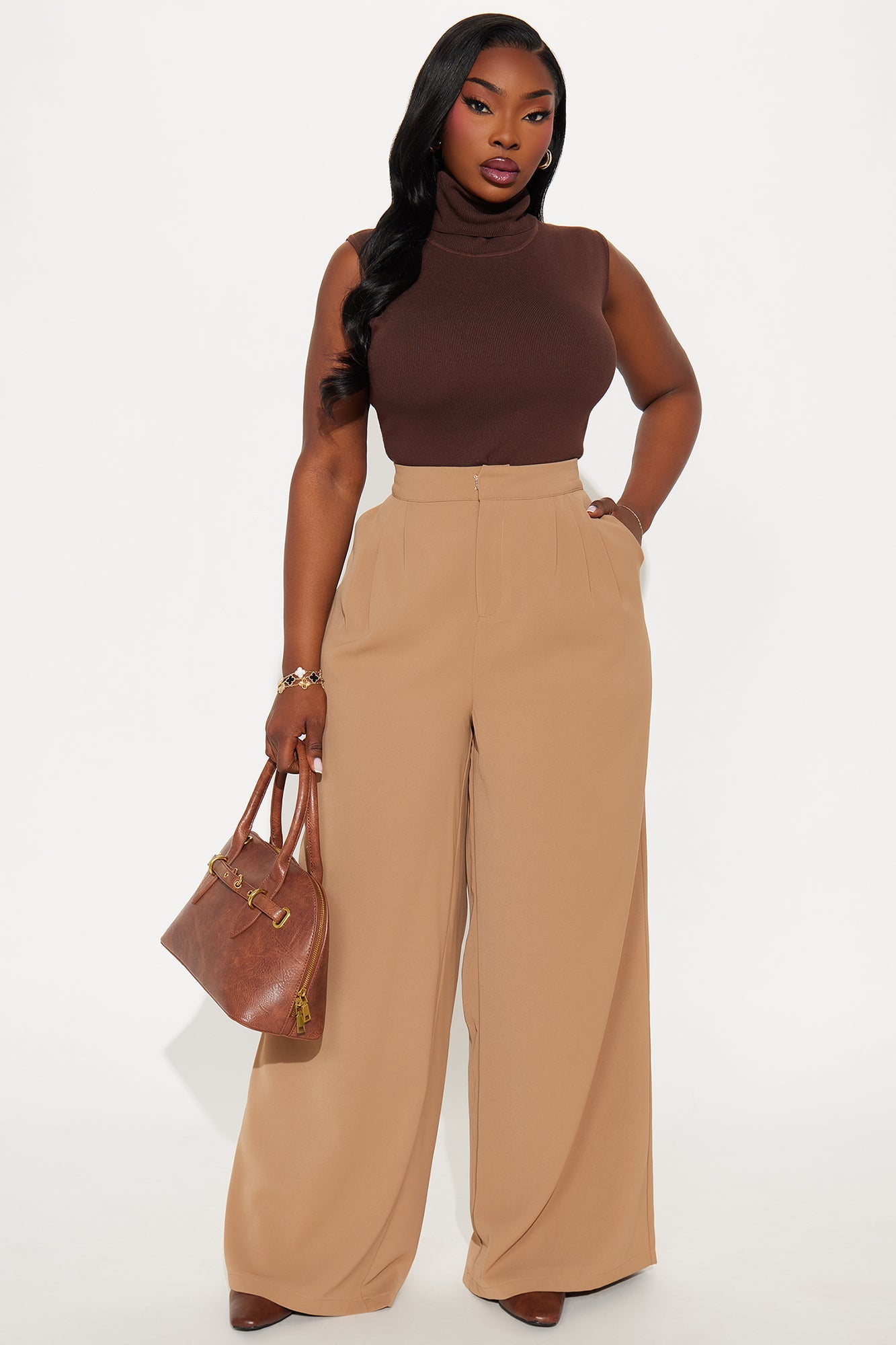 Candice Pleated Wide Leg Trouser Pant 33″ - Taupe